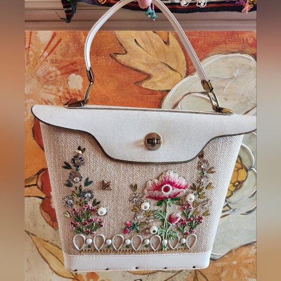Vtg 60s EC Style Antique DIY Box Purse Bucket Embroidery Flowers Glitzy Handbag - Picture 3 of 16